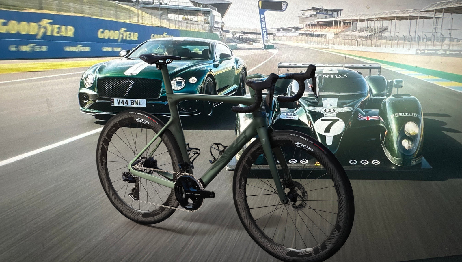 Bentley Continental GT Alpine Green inspired custom painted road bike by Squad Cycles