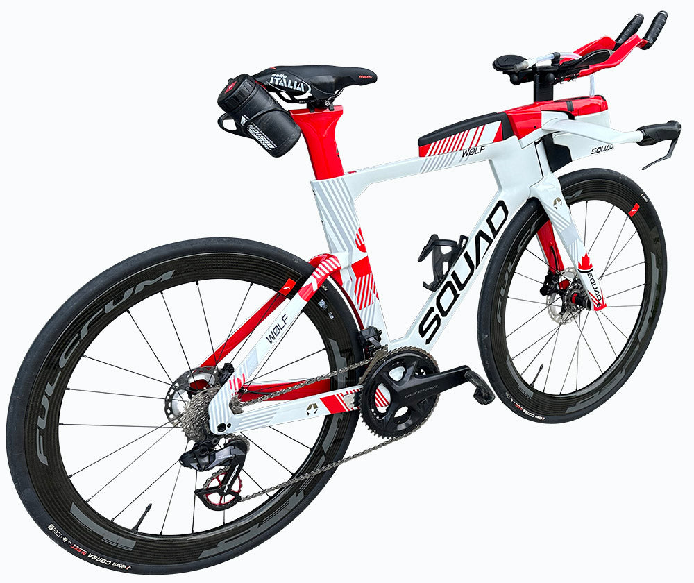 Custom painted Squad Wolf carbon triathlon bike with Ironman Logo Canadian Flag