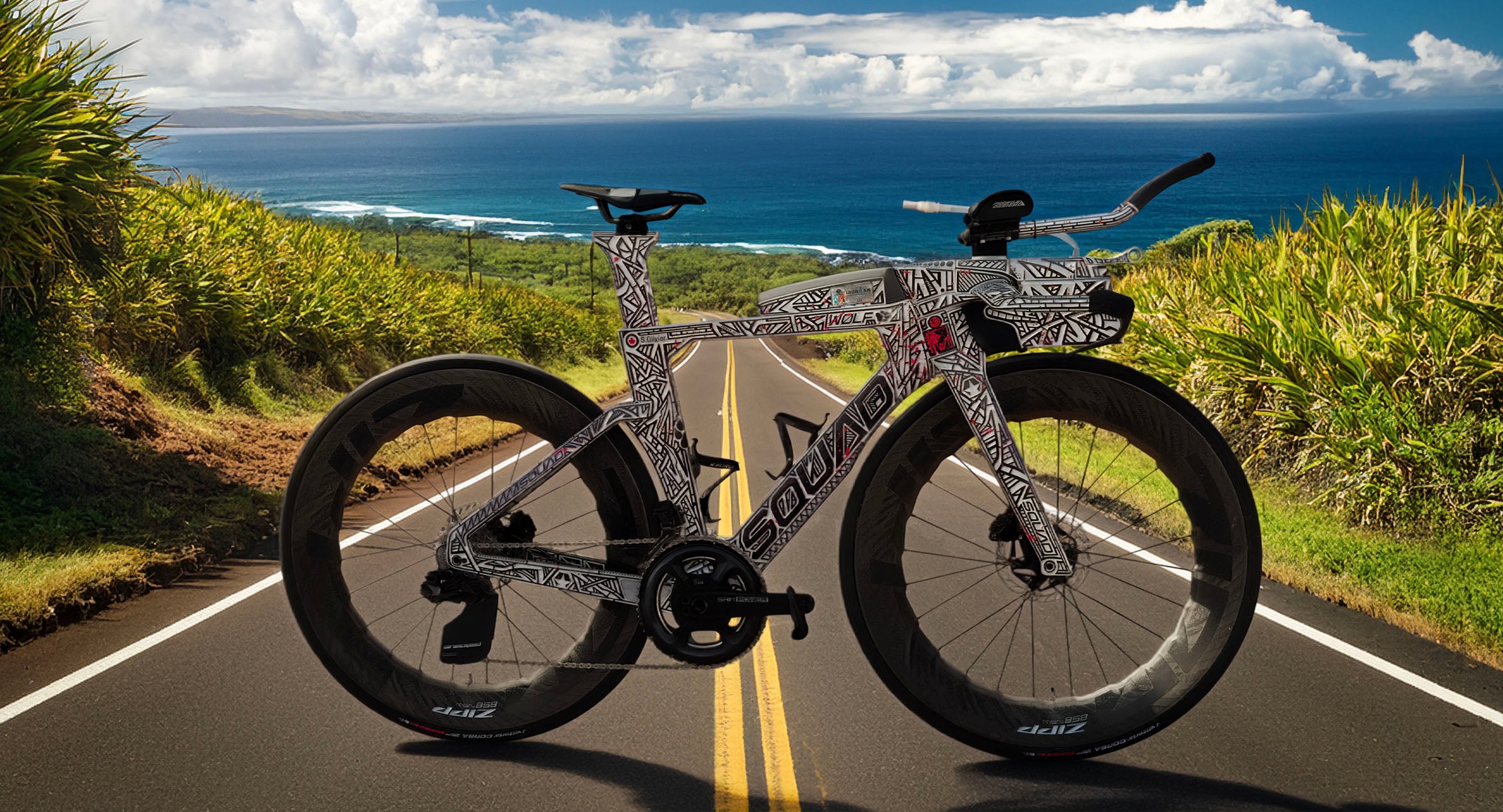 Custom painted Squad Wolf carbon triathlon bike with freestyle acrylic artwork, photographed on a Hawaiian coastal road